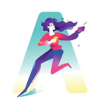 ilustración de una niña con dispositivos móviles sobre un fondo de letras a. ilustración vectorial aislado sobre fondo blanco. imagen para el banner del sitio web e impresión. tecnologías de la información. . vector