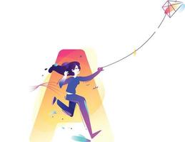 The girl is launching a kite. Start a new project, start-up. Character of a business lady. Vector illustration in a flat style. Illustration for web banner, poster and print. Company character.