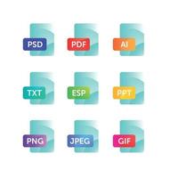 Icons for expanding formats. File Icons. Vector flat icons with gradient, isolated on white background.  Icons for website and print. Icons of files png, jpeg, ai, esp, txt, gif,  psd, pdf.