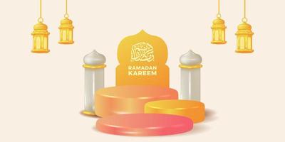 Mezquita de linterna linda 3d y luna creciente con decoración de escenario de podio de cilindro de color pastel para fiesta de evento islámico de ramadán vector