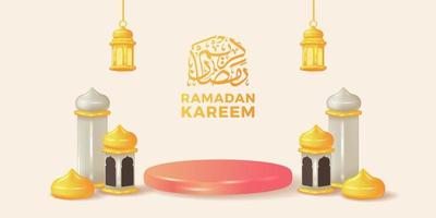 3d cute lantern mosque and moon crescent with pastel color cylinder podium stage decoration for ramadan islamic event party vector