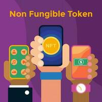 ilustración gráfica vectorial de token no fungible, teléfonos inteligentes y manos en las transacciones. perfecto para diseño nft, contenido nft, plantilla nft, etc. vector