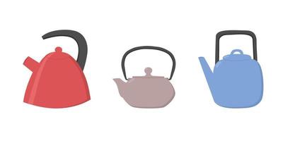 Set of colorful kettles and teapot. Kitchen utensil. Doodle flat style. vector
