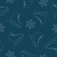 Ice skate seamless pattern. Figure skates and snowflakes on blue background. Line art vector