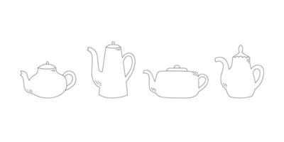 Set of line art teapots. Kitchen utensil. Doodle flat style. vector