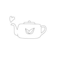 Line art doodle teapot with leaves. Hot steam in heart shape. Kitchen utensil. vector