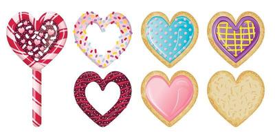 Collection of cute appetizing desserts in the form of hearts for valentine's day. vector