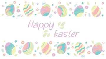 Congratulatory banner with simple easter eggs in pastel colors and abstract pattern and lettering happy easter. vector