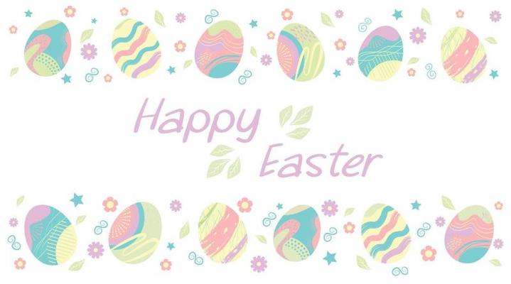 Congratulatory banner with simple easter eggs in pastel colors and abstract pattern and lettering happy easter.
