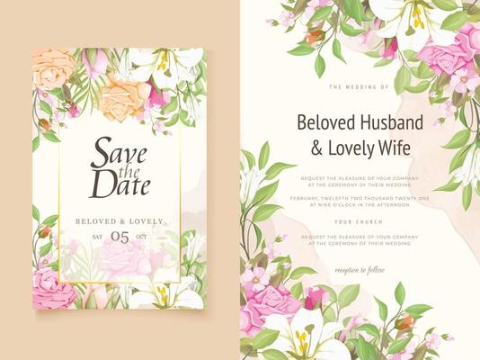 Wedding Invitation Card Floral with Lilies and Roses Design