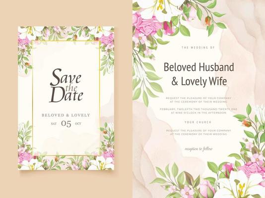 Wedding Invitation Card Floral with Lilies and Roses Design