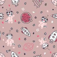 Astronauts white tigers in space hand drawn seamless pattern. vector