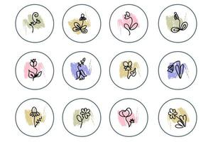 One line flower doodle highlight icons set. vector