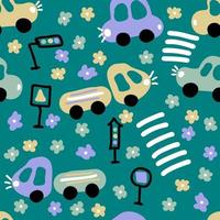 Hand drawn seamless pattern with cars, trucks and flowers. vector