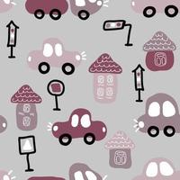 Hand drawn seamless pattern with urban cars and houses. vector