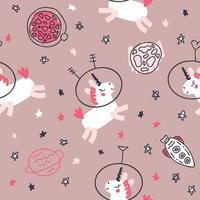 Hand drawn seamless pattern with astronauts unicorns in space. vector