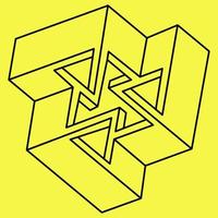 Impossible shapes. Sacred geometry. Optical illusion figure. Abstract eternal geometric object. Impossible endless outline triangle. Op art. Impossible geometry shape on a yellow background. Line art. vector