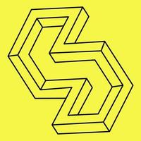 Impossible shapes. Sacred geometry. Optical illusion figure. Abstract eternal geometric object. Impossible endless outline. Op art. Impossible geometry shape on a yellow background. Line art. vector
