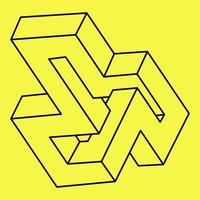 Impossible shapes. Sacred geometry. Optical illusion shape. Abstract eternal geometric object. Impossible endless outline. Impossible geometry object on a yellow background. Optical art. vector