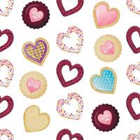 patrón sin costuras con galletas de mantequilla en forma de corazones. estampado listo con dulces y postres en glaseado. vector