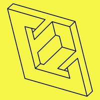 Impossible shapes. Sacred geometry. Optical illusion. Abstract eternal geometric object. Impossible endless outline shape. Op art. Impossible geometry symbol on a yellow background. vector