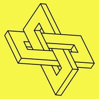 Impossible shapes. Sacred geometry. Optical illusion. Abstract eternal geometric object. Impossible endless outline. Line art. Op art. Impossible geometry shape on a yellow background. vector