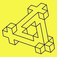 Impossible shapes. Sacred geometry figure. Optical illusion. Abstract eternal geometric objects. Impossible endless outline shapes. Op art. Impossible geometry shape on a yellow background. Line art. vector