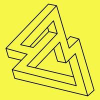 Impossible shapes. Sacred geometry shape. Optical illusion figure. Abstract eternal geometric objects. Impossible endless outline. Op art. Impossible geometry shape on a yellow background. Line art. vector