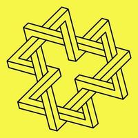 Impossible shapes. Sacred geometry. Optical illusion. Abstract eternal geometric object. Impossible endless outline triangle. Optical art. Impossible geometry shape on a yellow background. Line art. vector