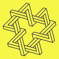 Impossible shapes. Sacred geometry. Optical illusion. Abstract eternal geometric object. Impossible endless outline triangle. Optical art. Impossible geometry shape on a yellow background. Line art. vector