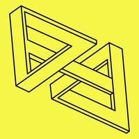 Impossible shapes. Sacred geometry. Optical illusion. Abstract eternal geometric object. Impossible endless outline triangle. Op art. Impossible geometry triangle on a yellow background. Line art. vector