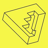 Impossible shapes. Sacred geometry. Optical illusion. Abstract eternal geometric object. Impossible endless outline triangle. Op art. Impossible geometry shape on a yellow background. vector