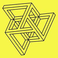 Impossible shapes. Sacred geometry. Optical illusion. Abstract eternal geometric object. Impossible endless outline triangle. Optical art. Line art. Impossible geometry shape on a yellow background. vector