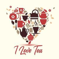 Vector illustration-I love tea. Tea icons in heart.