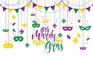 Mardi Gras colored frame with a mask and fleur-de-lis, isolated on white background. Vector illustration.