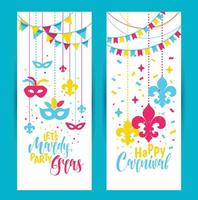 Mardi Gras colored vertical banners set with a mask and fleur-de-lis, isolated on white background. Vector illustration.