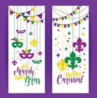 Mardi Gras colored vertical banners set with a mask and fleur-de-lis, isolated on white background. Vector illustration.