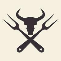 cráneo de vaca con tenedor para asar a la parrilla diseño de logotipo vintage símbolo gráfico vectorial icono signo ilustración idea creativa vector