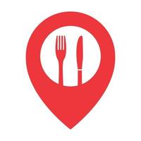 restaurant knife and fork with map pin location red logo design vector icon symbol illustration