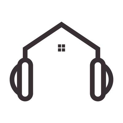 hipster line home with headphones logo vector symbol icon design illustration