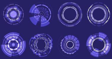 círculo holográfico futurista de elementos de enfoque. diseño redondo de ciencia ficción. visor de colimador militar. circuito de recogida hud. conjunto de visor de cámara. ingeniería digital vector