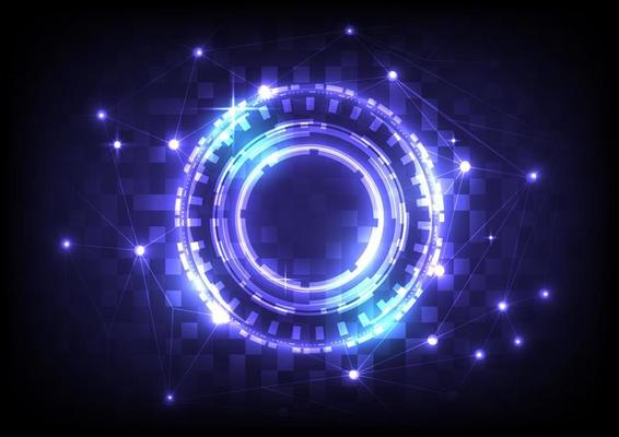 Digital infographic. Abstract hologram hi-tech background. Virtual reality technology electric innovation. Circuit board interface. Futuristic Sci-Fi glowing HUD circle and stars. Science data