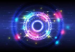 Futuristic Sci-Fi glowing HUD circle element. Abstract hi-tech background. Hologram of head-up display interface. Virtual reality technology of computer engineer. Colorful digital cyber vector