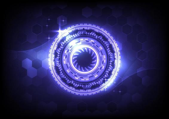 Futuristic Sci-Fi glowing HUD user. Digital infographic frame. Abstract hologram hi-tech background. Virtual reality technology connection of electric. Circle interface. Internet data connection