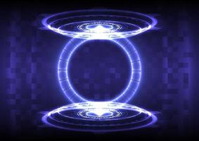 Portal and hologram science futuristic. Sci-fi digital hi-tech in glowing HUD projector element. Magic gate in game fantasy. Teleport podium. GUI and UI virtual reality interface vector