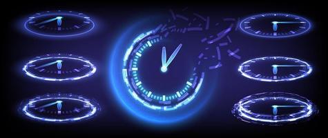 Time machine, timer and deadline. Sci-fi digital high-tech collection in glowing HUD elements clock. Hologram portal of science futuristic technology. Magic warp gate in game fantasy. Teleport podium vector