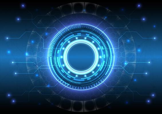 Futuristic Sci-Fi glowing HUD user. Digital infographic frame. Abstract hologram hi-tech background. Virtual reality technology connection of electric. Circle interface of data connection
