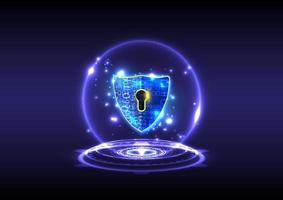 Futuristic glowing HUD of hologram padlock with keyhole-shield icon in personal data security. Cyber safety data or information privacy. Abstract holographic background vector