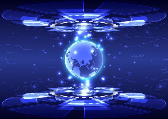 Portal and Globe hologram science futuristic. Sci-fi digital hi-tech in glowing HUD projector. Magic gate in game fantasy. Circle teleport podium. GUI and UI virtual reality. Placeholder and space