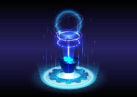 Portal and hologram science futuristic. sci-fi digital hi-tech in glowing HUD circuit. Abstract background. Magic gate in game fantasy. Sphere teleport podium. GUI, UI virtual reality infographic vector